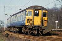 A Class 309 'Clacton' set departs Wivenhoe on 18th February 1984, en route for London. These well regarded units remained in service for a further decade.<br><br>[Mark Dufton 18/02/1984]