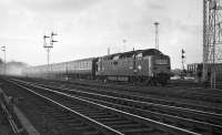 Deltic No. D9000 <I>Royal Scots Grey</I> powers off the sharp curve between Portobello West and East boxes in February 1970 at the head of the 16.00 departure from Waverley to Kings Cross.<br>
<br><br>[Bill Jamieson 25/02/1970]
