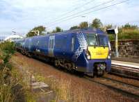 Making the penulimate stop on its journey from Edinburgh to Helensburgh, 334012 arrives at Craigendoran on the morning of 23 September 2012.<br><br>[John McIntyre 23/09/2012]