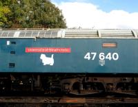 Broadside of 47640 <I>University of Strathclyde</I> standing at Shackerstone on the Battlefield line on 14 October 2012. <br><br>[Peter Todd 14/10/2012]