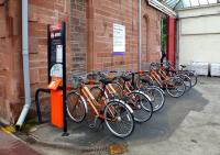 Bicycle hire point at Dumfries station on 28th June 2012, with some actually out on hire. This scheme had a slow start in 2010. According to cycling news website, in the first two months the cost per trip worked out at 1000!<br><br>[Colin Miller 28/06/2012]