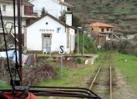 Railbus driver's view of the since closed station at Ribeirinha on the narrow gauge Tua Valley line from Mirandela in March 2008. At this time two trains a day made the full length journey down to the Douro Valley junction station at Tua but there were a couple of additional ones serving the small stations in the upper reaches of the valley around Mirandela. However, 2009 saw the line close after one of the railbuses derailed on poor track and it has never reopened.<br><br>[Mark Bartlett 18/03/2008]