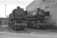 Oil-fired 2-10-0s 043 737 and 043 087 stabled next to the roundhouse at Rheine in 1974. 043 737 was a product of the French firm Batignolles, built in 1944, while 043 087's origins were more what might be expected - the German firm of Henschel, emerging from the Kassel works in 1937. <br>
<br><br>[Bill Jamieson 07/09/1974]