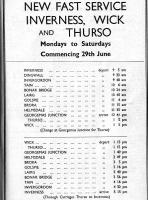The publicity in the June 1962 timetable for the Far North Line. 4 hours to both Wick and Thurso. The current (2013) 07.06 train is timed to reach Thurso at 11.02 - and Wick at 11.32. Half a century of progress.<br><br>[Colin Miller 12/12/2004]
