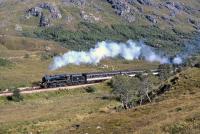The Stephenson valve gear Black 5, No. 44767, forges uphill west of Glenfinnan towards the watershed between Loch Shiel and Loch Eilt on 5th September 1993.<br><br>[Bill Jamieson 05/09/1993]