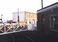 The level crossing at Ranelagh Road, Ipswich, in December 1989, looking east along the branch serving Ipswich Docks [see image 32104]. <br><br>[Ian Dinmore 02/12/1989]