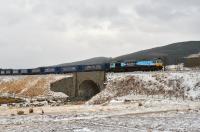 On a bitterly cold March afternoon WHM liveried 66434 runs south through light snow near Tomatin with the returning Tesco empties.<br>
 <br><br>[John Gray 23/03/2013]