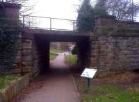 Turning left from the previous view of the Handyside bridge [see image 42175], this underbridge allowed access to the Handyside foundry sidings [behind the photographer]. There were points to the left of the brick building seen through the arch; the chord to the GNR was approximately on the line of the second tarmac path seen on the left. The angle is deceptive - the path runs up the slope at about a 45 degree angle.<br><br>[Ken Strachan 21/02/2013]