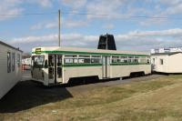 Blackpool <I>Centenary</I> car 643 was repainted in a traditional Blackpool Transport green and cream livery for its role as the site reception office/shop at Broadwater caravan park. In this livery it fitted in to its surroundings much better than it did on arrival in 2012 [See image 40276] but in early 2014 it was deemed surplus to requirements and removed from the site.<br><br>[Mark Bartlett 29/03/2013]