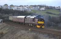 37685 <I>Loch Arkaig</I> coming off Jamestown Viaduct with empty stock returning to Bo'ness on 21 April. The third coach is Pullman car 'Amethyst'.<br><br>[Bill Roberton 21/04/2013]