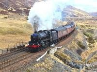 Black 5 no 44871 powers up the long climb to Druimuachdar Summit near Dalnaspidal on 25 April with the northern potion of the <I>Great Britain VI</I> railtour. <br><br>[John Gray 25/04/2013]