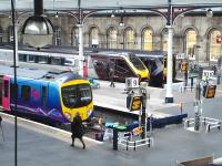 The west end bay platforms at Newcastle Central on 8 May. A TransPennine 185 unit forms the 17.02 to Manchester Airport at no 9, a CrossCountry Voyager stands at 11 with the 17.32 to Guildford, while ScotRail's 156494 is at platform 12 with the 17.16 to Glasgow Central via Dumfries.<br><br>[David Pesterfield 08/05/2013]