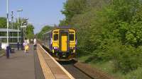 Super Sprinter 156499 pauses at Kilmaurs whilst working 1L55 Glasgow Central to Carlisle,<br><br>[Ken Browne 25/05/2013]
