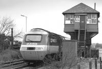 A southbound BR InterCity 125 HST passing Fencehouses 'box on the Leamside line on 18 March 1989, having been diverted due to ECML electrification works. The train is the 07.35 Aberdeen - Kings Cross.<br><br>[Bill Roberton 18/03/1989]