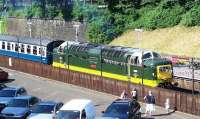 View across the car park at Bury Bolton Street on 7 July with Deltic D9009 <I>Alycidon</I> at the platform.<br><br>[Colin Alexander 07/07/2013]