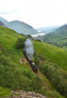 Black 5 No 45407 with the return working of <I>The Jacobite</I> photographed on 23 August 2013 between the tunnels at Creag Ghobhar west of Glenfinnan. In the distance are Loch Eilt and Sgurr na Paite.<br><br>[John Gray 23/08/2013]
