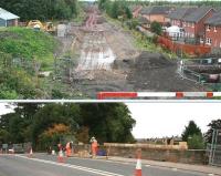 Update on works at Newtongrange on 27 September 2013. Above is the view south over the station site from the A7 road bridge. In the lower picture the parapet on the north side of the bridge is receiving attention.<br><br>[John Furnevel /09/2013]