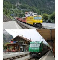 Two Rhaetian services crossing at Filisur illustrate the variety of advertising liveries on the Ge 4/4 III class. Bright yellow 644 <I>Savognin</I> on a train for Chur also has the St. Moritz portion of the westbound <I>Glacier Express</I> in the consist. Green 647 <I>Grusch</I> is heading for St. Moritz with a Regio Express.  <br><br>[Mark Bartlett 16/09/2013]