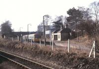 View from the north end of Wrexham General showing a DMU at the surviving platform of the former Exchange station, by this time Wrexham General's platform 4. [See image 45153]<br><br>[Ian Dinmore /03/1985]