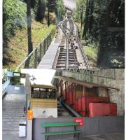 The Territet Funicular in Montreux was recently refurbished but one of the old cars has been preserved at the lower station alongside its modern (and much smaller) replacement. The outer wheels of the cars have double flanges to guide them whereas the inner wheels are flangeless allowing them to pass over the cables and points at the midway loop. [See image 44710] for a view of the entire line.  <br><br>[Mark Bartlett 09/09/2013]