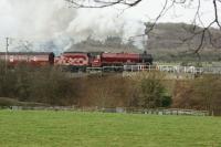 45699 <I>Galatea</I> passing below Warton Crags north of Carnforth on 1 February as it gets to grips with the second leg of the <I>Winter Cumbrian Mountain Express</I> to Carlisle.<br><br>[John McIntyre 01/02/2014]