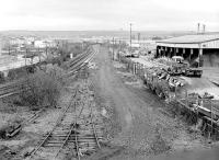 Looking south from Station Road bridge, Grangemouth, in November 1987. The former station stood on the right. <br><br>[Bill Roberton 21/11/1987]