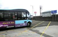 Since last September this McLeans electric bus has connected Stranraer Station, the town centre and Cairnryan ferry terminals. Photographed alongside the station on 13 February. <br><br>[John Yellowlees 13/02/2014]