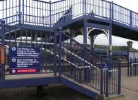 A fully accessible footbridge at Stockton Station helps fill the void left by the loss of the station's overall roof in 1979. [See image 26891]<br><br>[John Yellowlees 22/02/2014]