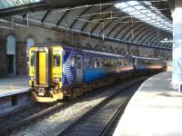 Scotrail 156512 has just arrived to time into bay platform 10 at Newcastle Central, 3 hours 44 minutes after setting out on the 12.12 ex Glasgow Central service via Kilmarnock and Carlisle. <br><br>[David Pesterfield 28/02/2014]