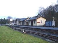 The Welshpool and Llanfair Light Railway terminus station at Welshpool in January 2014. View from the adjacent A458 road looking towards Raven Square and the Raven Inn. <br><br>[David Pesterfield 20/01/2014]