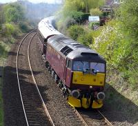 47854 climbs away from Dunfermline Town on 15 April 2014 with the first <I>'Royal Scotsman'</I> of the season, on its way from Edinburgh to Boat of Garten.<br><br>[Bill Roberton 15/04/2014]