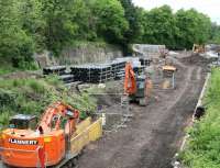 The Borders Railway construction site at Glenesk on 2 June looking north towards Glenesk Junction and the Viaduct.<br><br>[John Furnevel 02/06/2014]