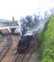 Black 5s 44871+45407 leave Perth station on 10 May 2014 with <I>The Cathedrals Explorer</I> for Inverness.<br><br>[John Robin 10/05/2014]