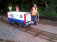 Walkies! The Transport For London team bring their scratch built locomotive into Stapleford station for testing on 28 June. Updated 31st July: this locomotive was the winning entry in the 2014 IMechE Railway Challenge [see image 47822]<br><br>[Ken Strachan 28/06/2014]