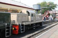 The East Lancs Railway held a 3-day <I>Class 14s @ 50</I> gala in July 2014. A highlight of the event was the return to service (after twenty years) of resident D9537, not least because it had been secretly painted in the experimental <I>Desert Sand</I> livery, complete with cast cabside crests, as carried by <I>Western</I> D1000 in 1961. The pristine loco is seen at Ramsbottom waiting to leave for Rawtenstall on 26 July.<br><br>[Mark Bartlett 26/07/2014]