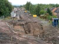 Progress at Newtongrange on 10 August 2014. View south over the site of the new station from the A7.<br><br>[John Furnevel 10/08/2014]