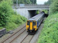 156487, climbing the last few yards of the bank from Daisyfield Junction, passes under the Blackburn ring road near Ramsgreave and Wilpshire station on a service for Clitheroe.<br><br>[Mark Bartlett 27/06/2014]