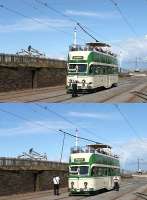 Reversing the trolley pole was once a common tramway scene but now rarely seen due to the almost universal introduction of pantographs. Heritage <I>Open Balloon</I> 706 is on the centre road at Bispham. In the upper picture the conductor is removing the insulated hooked pole from a cabinet in the tram body. The lower image shows the sprung trolley pulled down and <I>walked round</I> to the rear to be put back on the wire.  <br><br>[Mark Bartlett 23/08/2014]