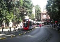 A modern tram passing through the historic Sultanahmet district of Istanbul in August 2014.<br><br>[John Yellowlees 20/08/2014]