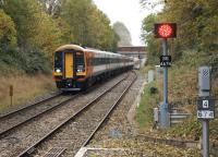 South West trains 159012 leads 159003 into Gillingham (Dorset) station on 18 October 2014 with a Waterloo to Exeter service. <br><br>[John McIntyre 18/10/2014]