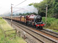 45699 <I>Galatea</I>, on one of its two 2014 <I>Fellsman</I> appearances, heads south past Broad Fall Farm at Scorton on 2nd July with the outbound train. <br><br>[Mark Bartlett 02/07/2014]