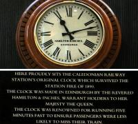 The original Princes Street station clock on display in the former concourse, now the Peacock Alley lounge area of the Caledonian (Waldorf Astoria) Hotel, with an explanatory plate below. Photographed on 1 November 2014, at seven and a half minutes past eleven.<br><br>[Colin McDonald 01/11/2014]