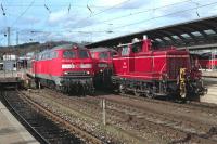 Despite the continued decline in the amount of loco haulage of passenger services in Germany, the city of Ulm remains a relative hot-spot for class 218. On the afternoon of 11 March 2008, 218 240 sets off from Ulm Hbf with the 15:51 stopping service to Illertissen (on the non-electrified secondary route to Kempten), while on the right station pilot (remember these!) 364 533 positions the locos (218 436 and 438) and stock for the 16:12 inter-regional express to Lindau.<br><br>[Bill Jamieson 11/03/2008]