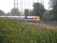 South West Trains 458508 approaching Reading Station on the ex Southern line, near the site of the former Reading South shed on a service from London Waterloo via Staines. Photographed on 30 October 2014 from a passing train on the GW main line.<br><br>[David Pesterfield 30/10/2014]