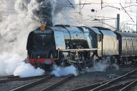 46233 <I>Duchess of Sutherland</I> leaves the Carnforth loops on 31st January with a <I>Cumbrian Mountain Express</I> charter, its first outing of 2015. The train had started from Euston and was hauled to Carnforth by two WCRC Brush Type 4s due to the failure of the booked electric locomotive, 86259 <I>Les Ross</I>. <br><br>[Mark Bartlett 31/01/2015]