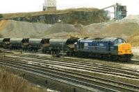 Mainline Blue 37379 attached to a rake of Tiphook bogie hopper wagons in the loading sidings at the RMC quarry at Peak Forest on 6 October 1998.<br><br>[David Pesterfield 06/10/1998]