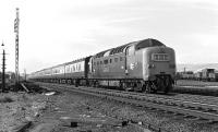 9019 <I>Royal Highland Fusilier</I> roars through Tweedmouth on 19 September 1970 with the 10:30 Aberdeen - Kings Cross. The Deltic will have taken over from a Haymarket Class 47 at Edinburgh Waverley.<br><br>[Bill Jamieson 19/09/1970]