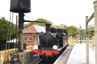 Adams O2 0-4-4T W33 <I>Bembridge</I> (in reality W24 <I>Calbourne</I>) taking on water at Haven Street on the Isle of Wight Steam Railway on 9 March 2015.<br><br>[Peter Todd 09/03/2015]