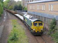 Freightliner 66616 passes the site of Newington Station on 17 May with a Holytown - Millerhill engineers train.<br><br>[Bill Roberton 17/05/2015]