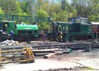 Steam ('Birkenhead') meets diesel ('Louise') in the former mine yard at Elsecar on 4 May 2015. [see image 51231] Mercifully, there was no locomotive called Thelma - nor any 'Thunderbirds'.<br><br>[Ken Strachan 04/05/2015]